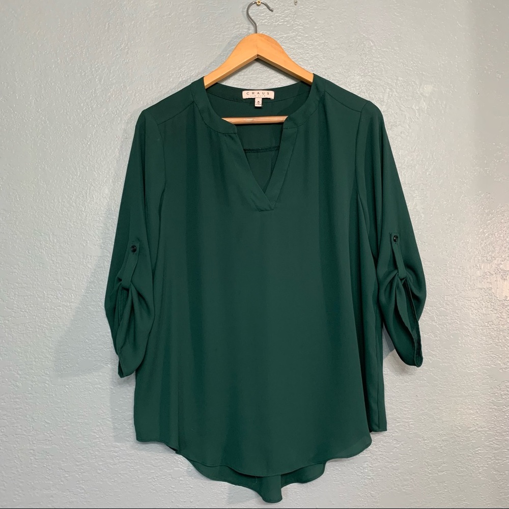 Dark Green Long Sleeve Loose Fit V-Neck Blouse, Size Medium